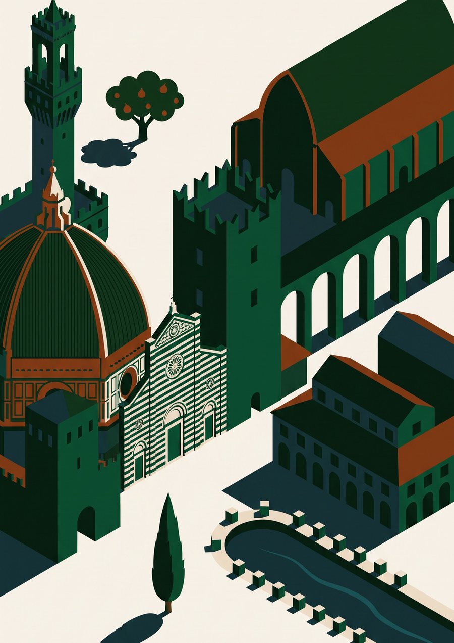 Veduta immaginata di una città metafisica su fondo avorio: torre merlata con cupola a spicchi, castello con i merli e facciata a fasce, edificio porticato con tetto a carena, canale ovale bordato di plinti, un cipresso in primo piano