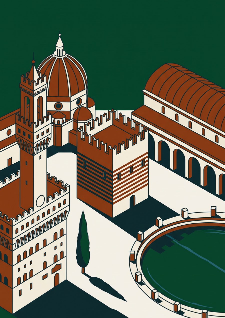 Veduta immaginata di una città metafisica su fondo verde, con le architetture in avorio e terracotta: torre merlata con cupola a spicchi, castello con i merli, edificio porticato con tetto a carena, canale ovale bordato di plinti