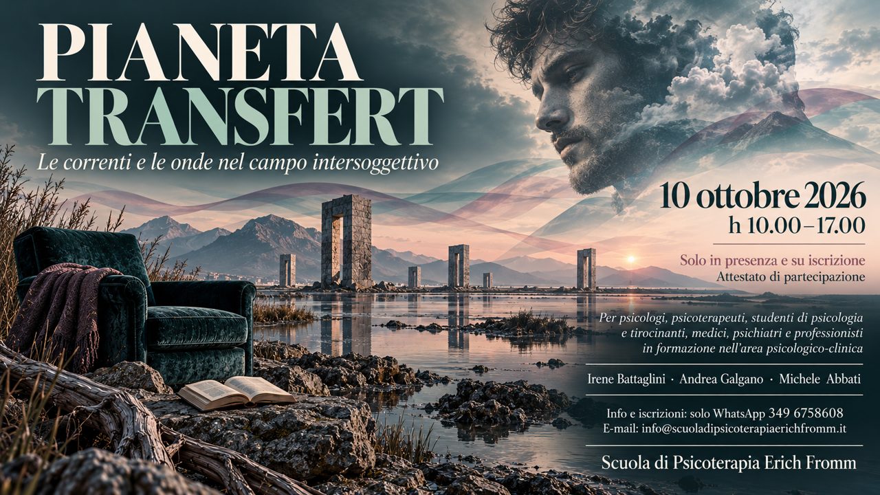 Locandina di Pianeta Transfert: una poltrona di velluto verde con una coperta e un libro aperto sulla riva di un'acqua ferma, portali di pietra fra le montagne al tramonto, nel cielo il volto di un uomo fatto di nuvole; titolo, data 10 ottobre 2026, orario 10.00-17.00 e recapiti per le iscrizioni.
